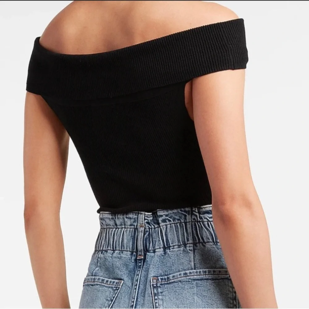 Express Black Off the Shoulder Ribbed Knit Top, Women’s Size Small Petite. - Picture 3 of 7